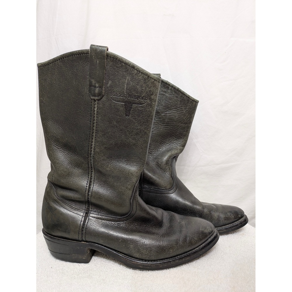 Vintage Mason Western Men Black Leather Pull On Roper Boots Vibram Sole Size 9